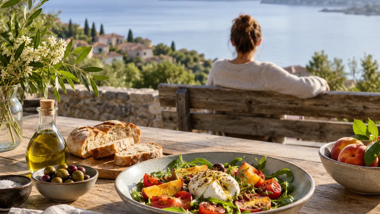 Assiette équilibrée avec légumes rôtis, céréales et œuf, posée sur une table claire en lumière naturelle, sans texte ni logo
