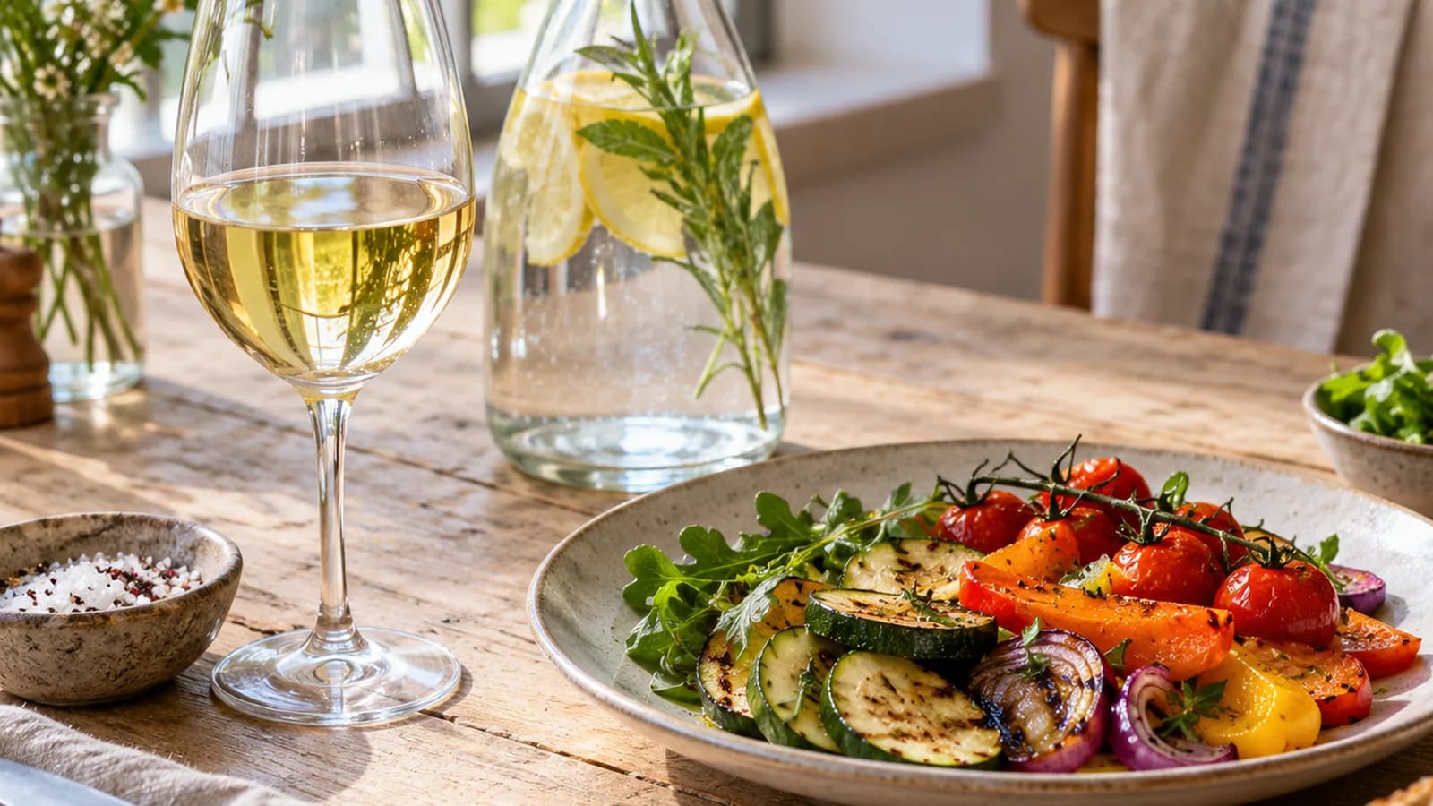Table d’apéritif en lumière naturelle avec crudités, houmous, pain, petit verre de vin et eau citronnée, sans texte ni logo