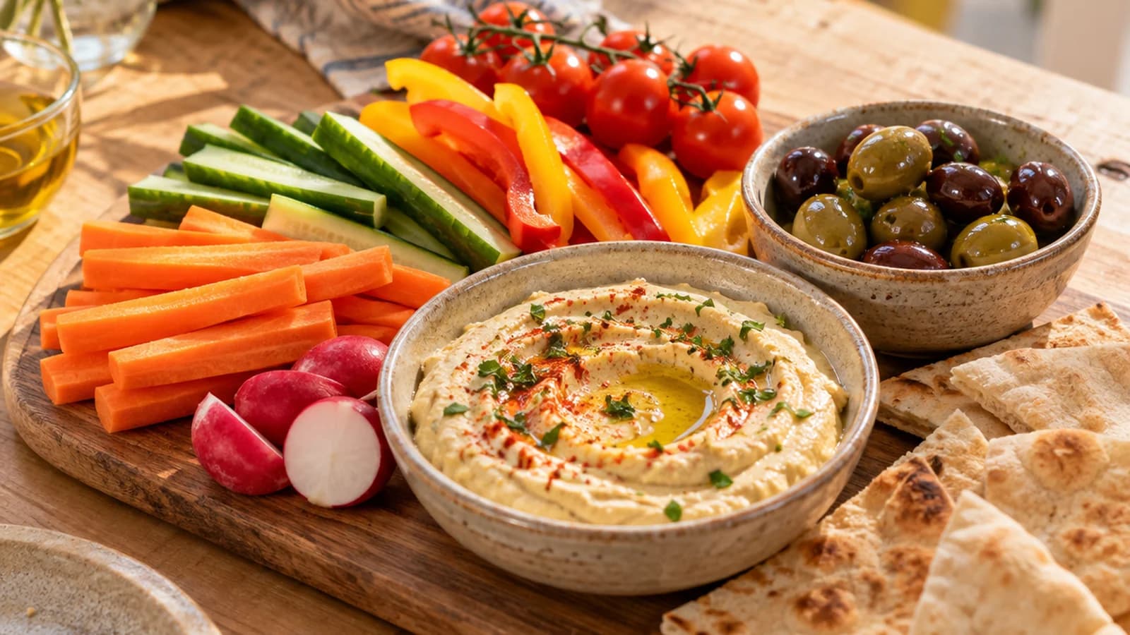 Table d’apéritif avec crudités, houmous, pain, fromage et verres d’eau citronnée, en lumière naturelle, sans texte ni logo