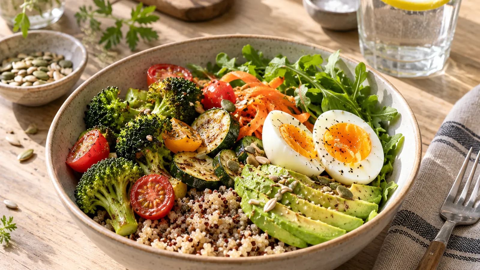 Bol de riz, lentilles et légumes, yaourt et verre d’eau sur une table éclairée par la lumière naturelle, sans texte ni logo