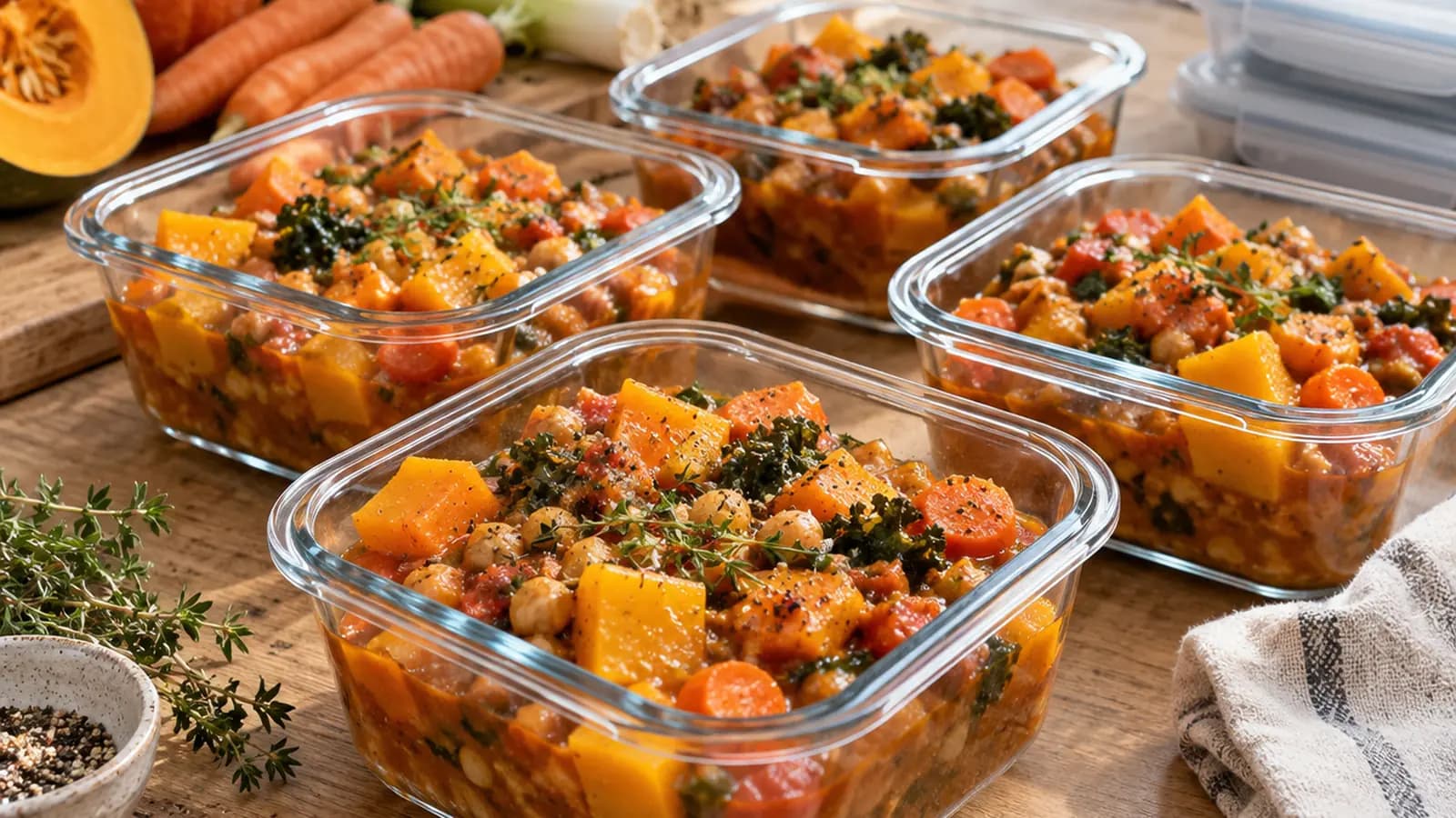 Cocottes de plats mijotés d’automne avec courge, carottes et légumineuses sur une table éclairée par la lumière naturelle, sans texte ni logo