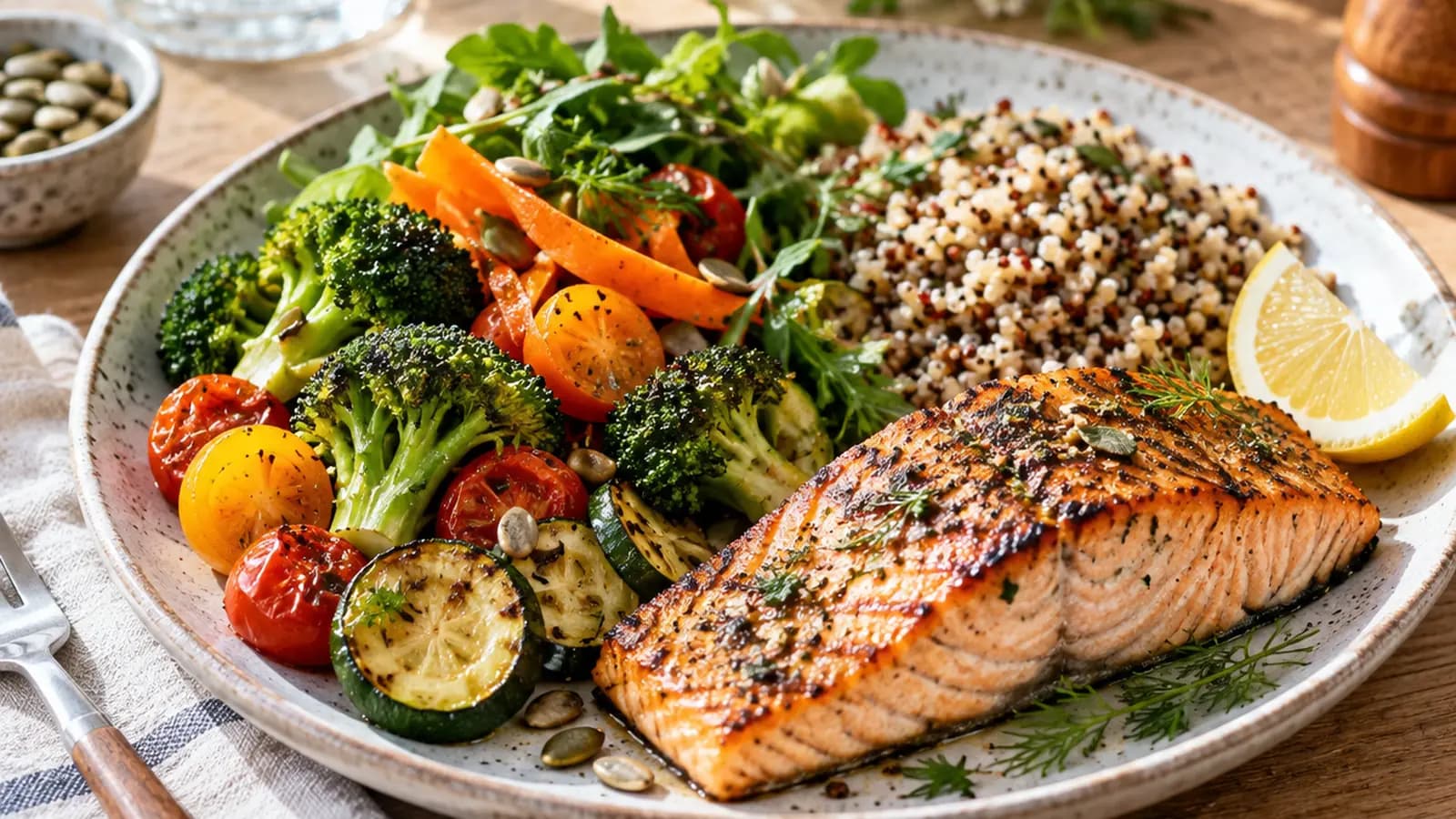 Assiette de lentilles, œuf et légumes, avec un yaourt nature sur une table en lumière naturelle, sans texte ni logo