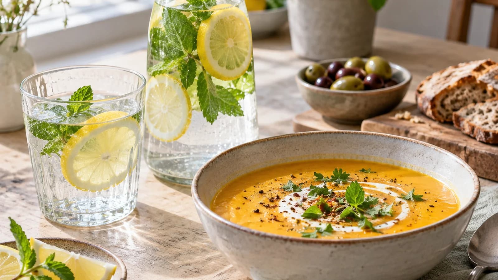 Verre d’eau, bol de soupe de légumes et fruits frais posés sur une table, lumière naturelle, sans texte ni logo