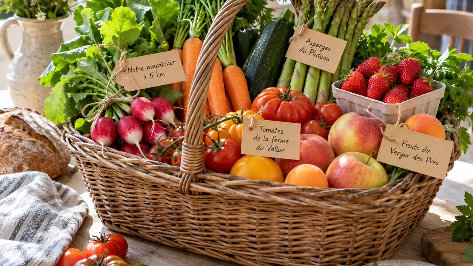 Panier de légumes de saison, pâtes complètes et pois chiches sur une table en lumière naturelle, sans texte ni logo