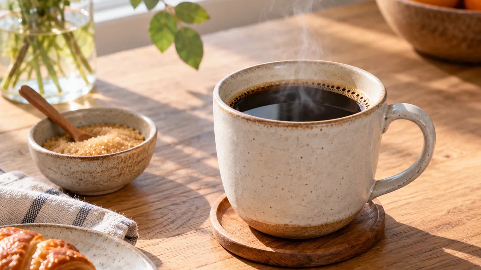Tasse de café noir avec un petit pot de lait et quelques morceaux de sucre sur une table en bois, lumière naturelle, sans texte ni logo