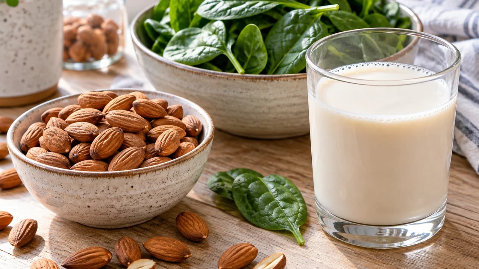 Bol de porridge avec boisson végétale, amandes et fruits, accompagné de légumes verts et de sardines dans une cuisine lumineuse