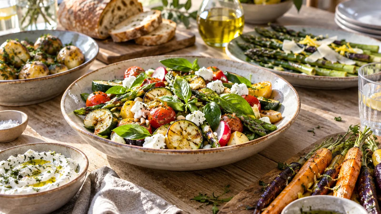 Table estivale avec salade colorée, tomates, concombre, œufs et pain, en lumière naturelle, sans texte ni logo