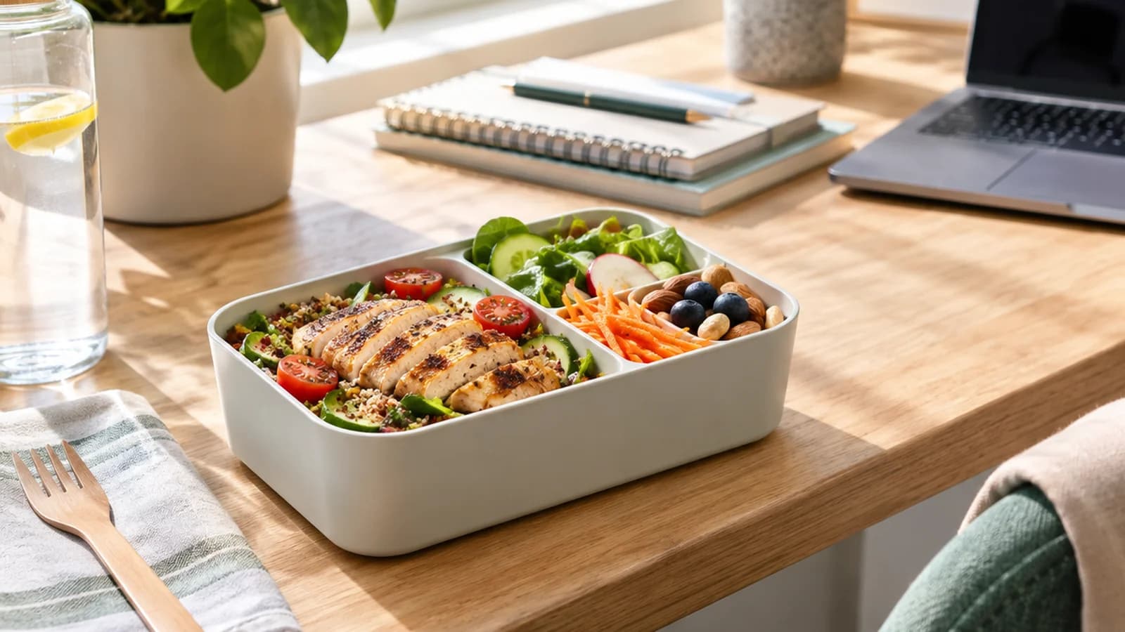 Plateau-repas équilibré avec légumes, féculents et source de protéines sur une table de cantine éclairée par la lumière naturelle, sans texte ni logo