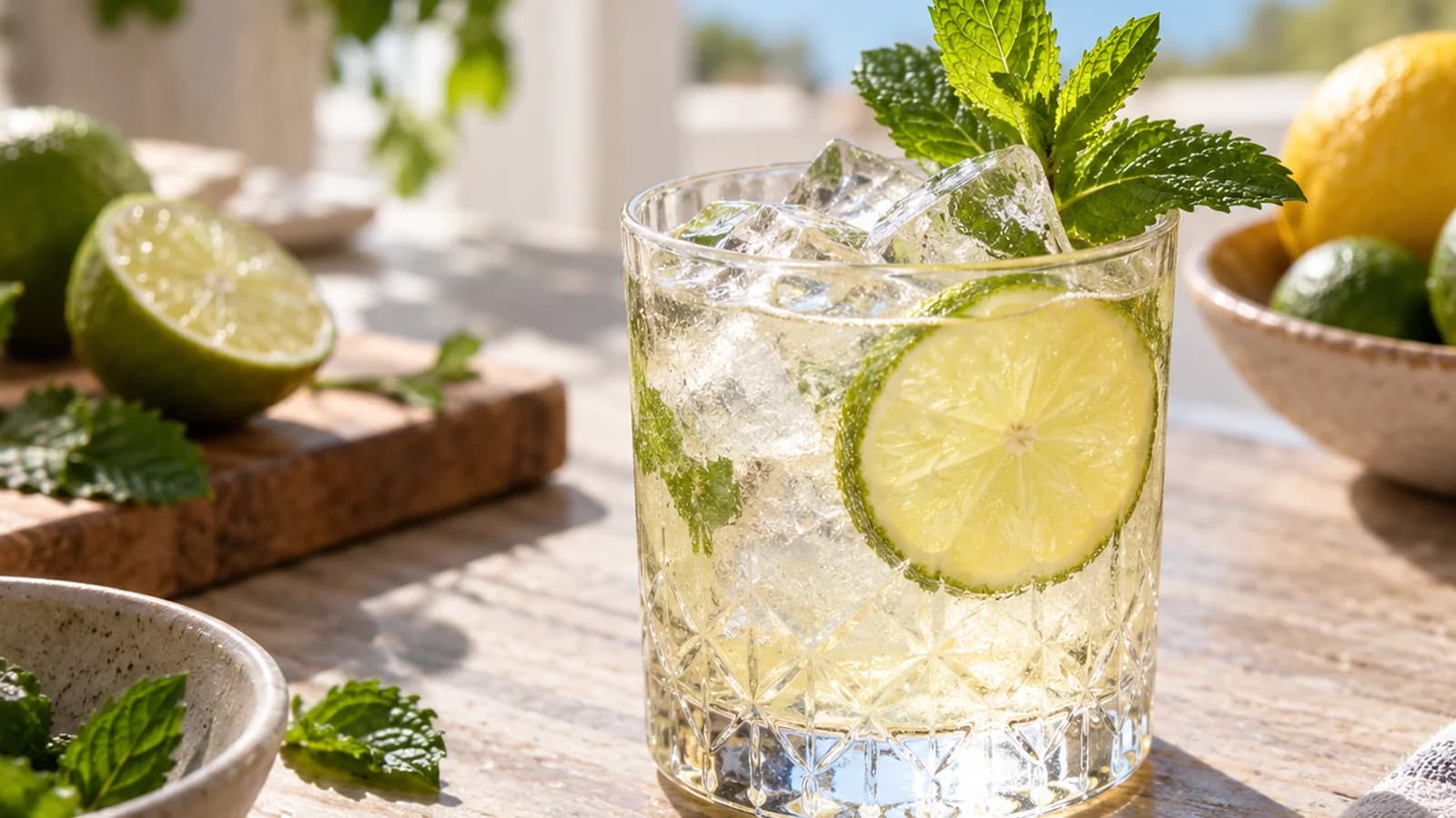 Cocktail sans alcool aux agrumes, menthe fraîche, gingembre et eau pétillante servi dans un verre sur une table en lumière naturelle