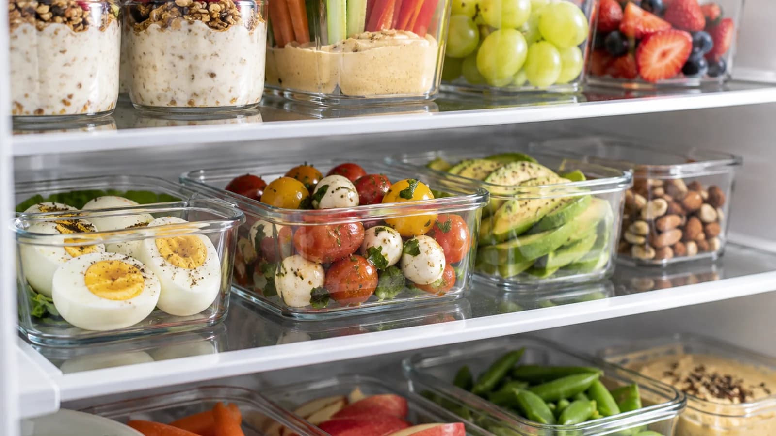 Petits contenants réutilisables remplis de fruits, noix, yaourt et biscuits maison sur une table éclairée par la lumière naturelle