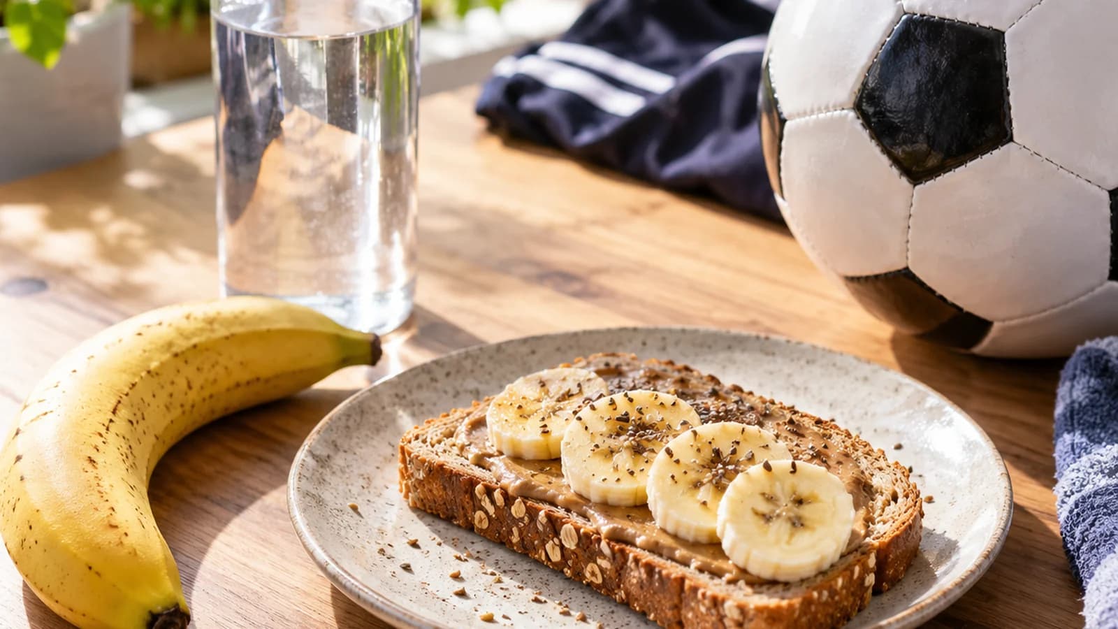 Collation avant le sport avec une banane, une compote, du pain et une gourde d’eau sur une table éclairée par la lumière naturelle