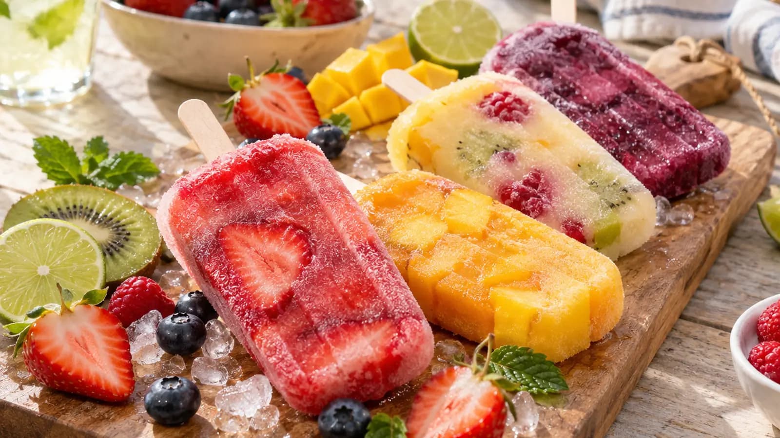 Coupelles de glace maison aux fruits rouges et au yaourt sur une table estivale, lumière naturelle, sans texte ni logo