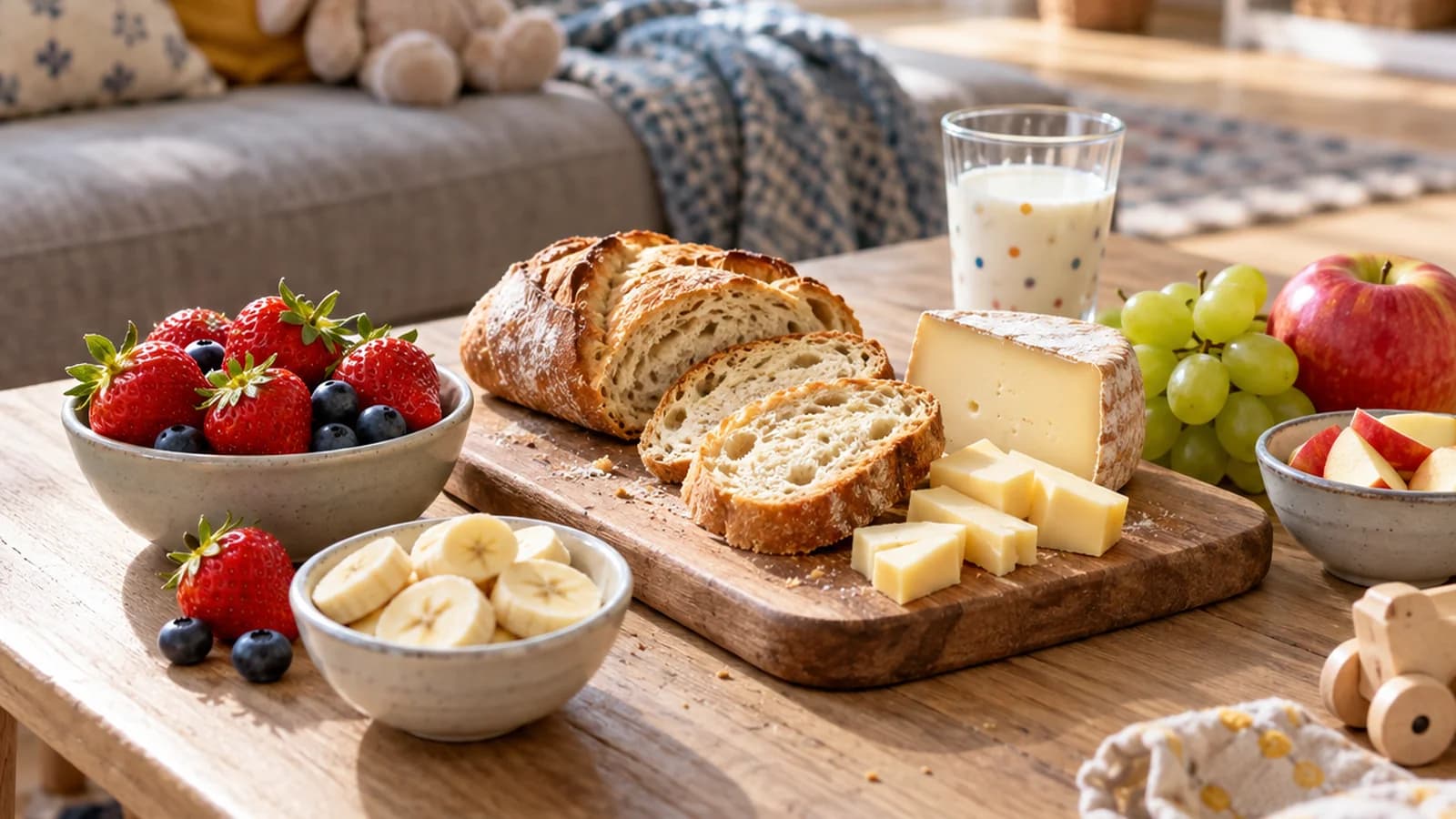 Boîte de collation avec pomme en quartiers, tartine de pain, muffins maison et petit pot de yaourt sur une table en bois, lumière naturelle, sans texte ni logo