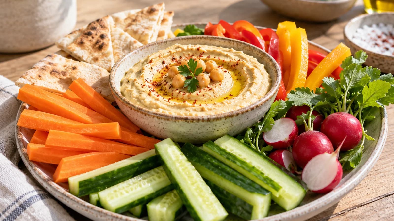Bol de houmous avec bâtonnets de carotte, concombre et pain complet sur une table éclairée par la lumière naturelle