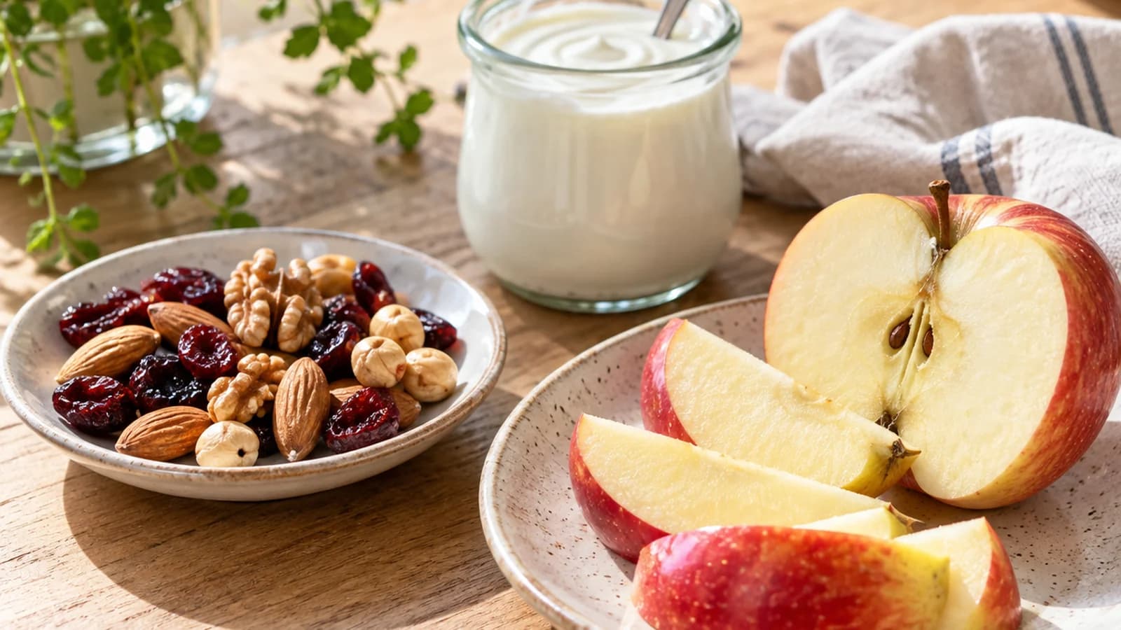 Bol de yaourt nature avec pommes, amandes et tartines complètes sur une table éclairée par la lumière naturelle