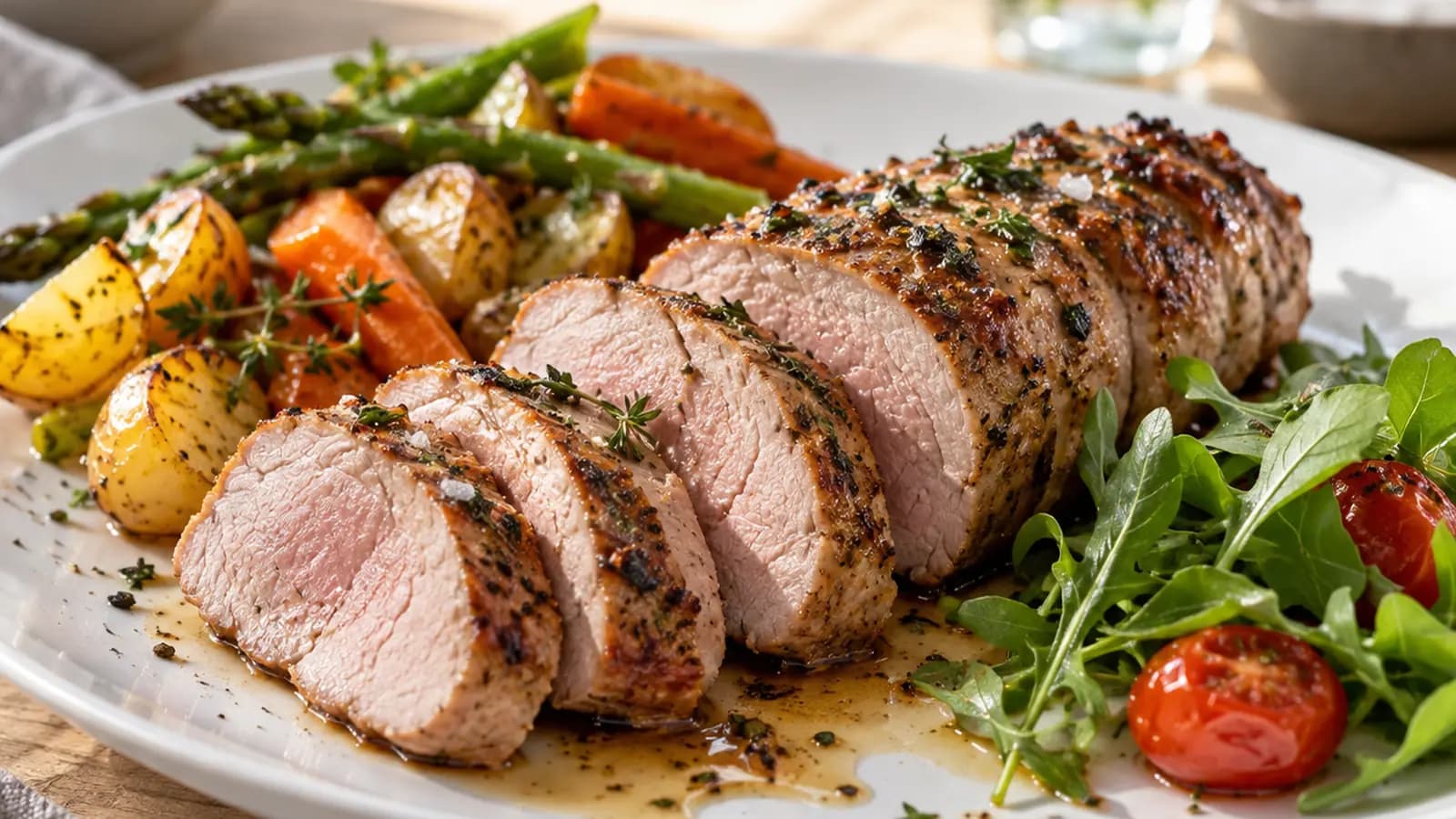 Filet mignon de porc tranché avec légumes rôtis et pommes de terre, servi dans une assiette à la lumière naturelle