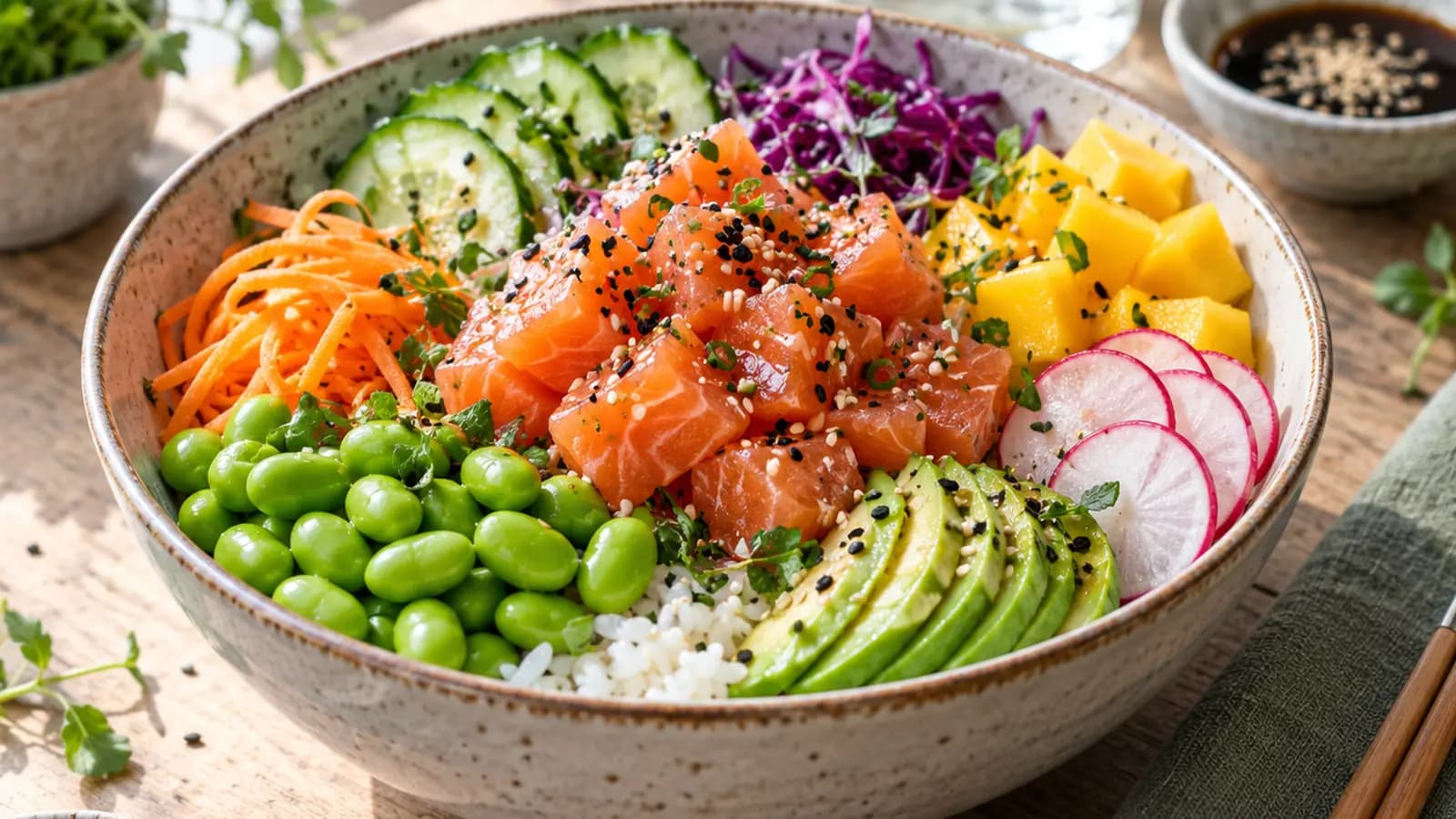 Poke bowl coloré avec riz, saumon, concombre, carotte, chou rouge et graines, photographié à la lumière naturelle sans texte ni logo