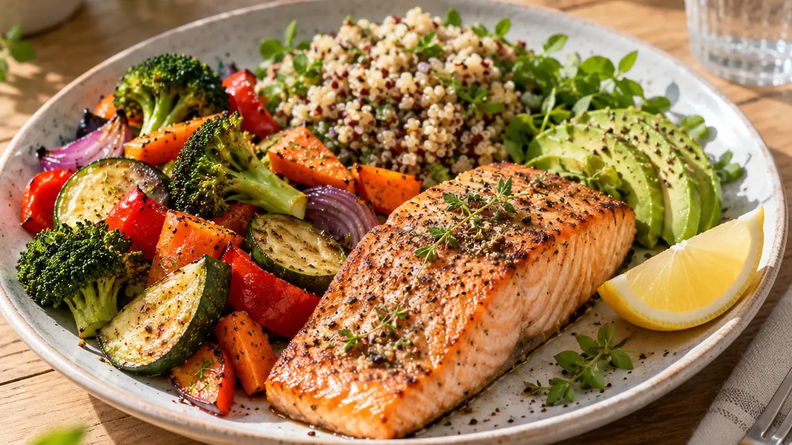 Assiette colorée avec légumes, riz et filet de poisson, accompagnée d’un bol et d’une main servant une portion, lumière naturelle, sans texte ni logo