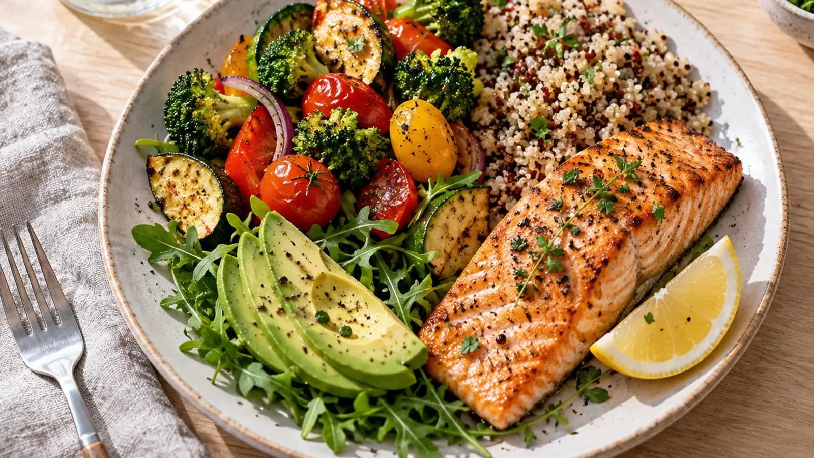 Assiette équilibrée avec légumes rôtis, féculent et source de protéines sur une table éclairée par la lumière naturelle, sans texte ni logo