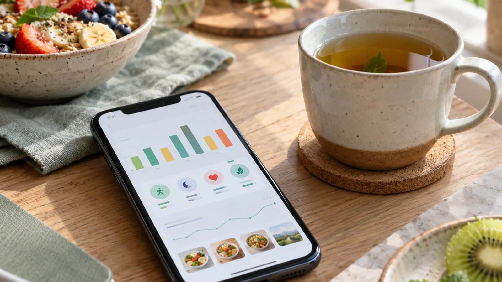 Table de cuisine avec un carnet de bilan hebdomadaire, un bol de légumes colorés et une tasse, lumière naturelle, sans texte ni logo