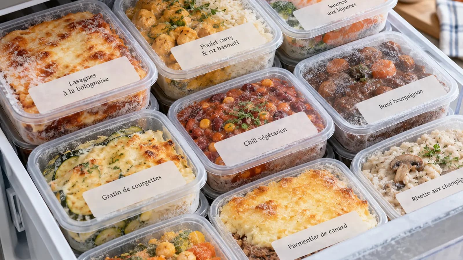 Boîtes de plats maison portionnés avec soupe, légumes mijotés et riz sur une table éclairée par la lumière naturelle, sans texte ni logo