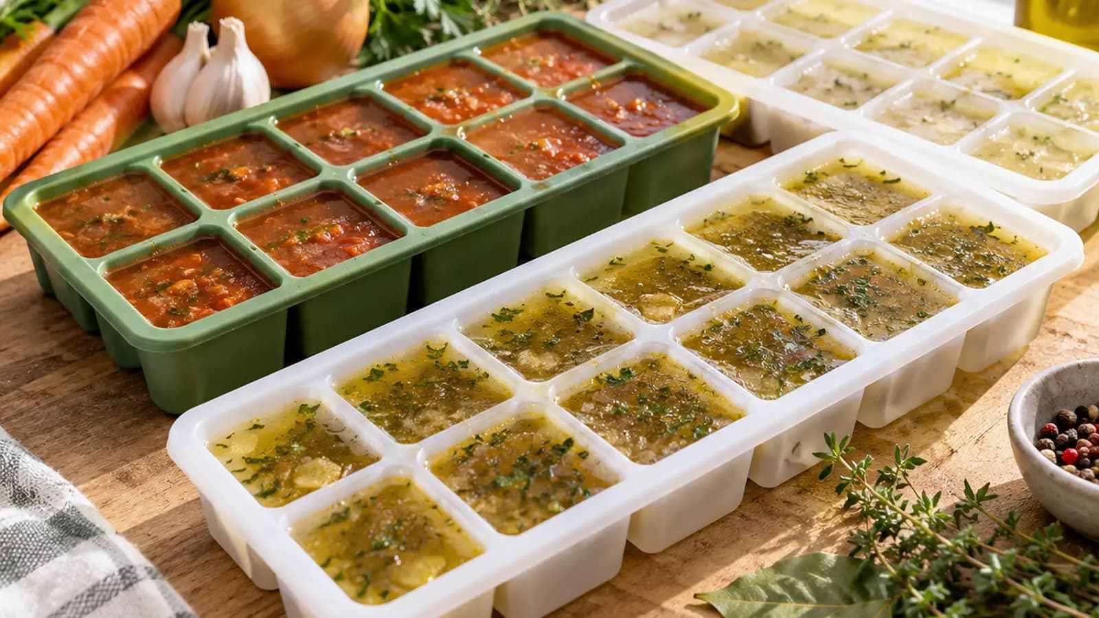 Boîtes de sauce tomate et bouillon maison portionnés sur un plan de travail, lumière naturelle, sans texte, sans logo, sans visage en gros plan