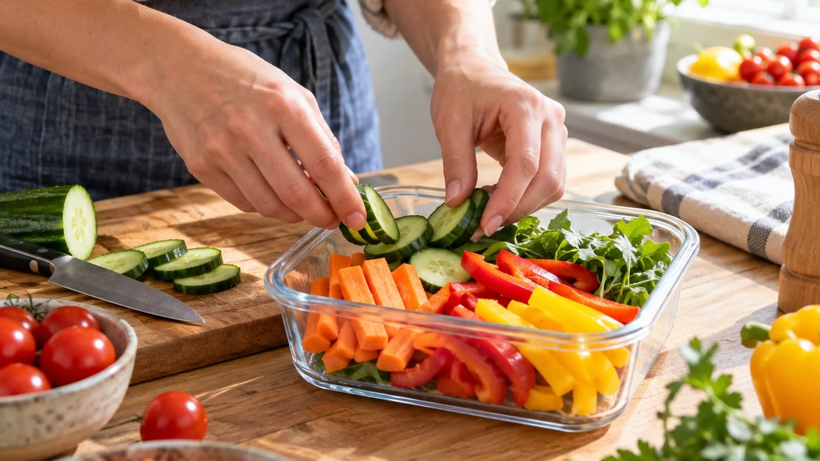 En lumière naturelle, mains ajoutant des tomates à un sandwich sur une table en bois, sans texte ni logo