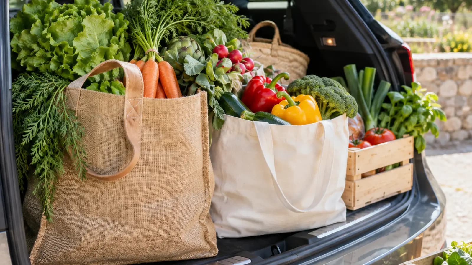 Panier de courses avec légumes, fruits et produits du quotidien posé sur une table en bois, lumière naturelle, sans texte ni logo