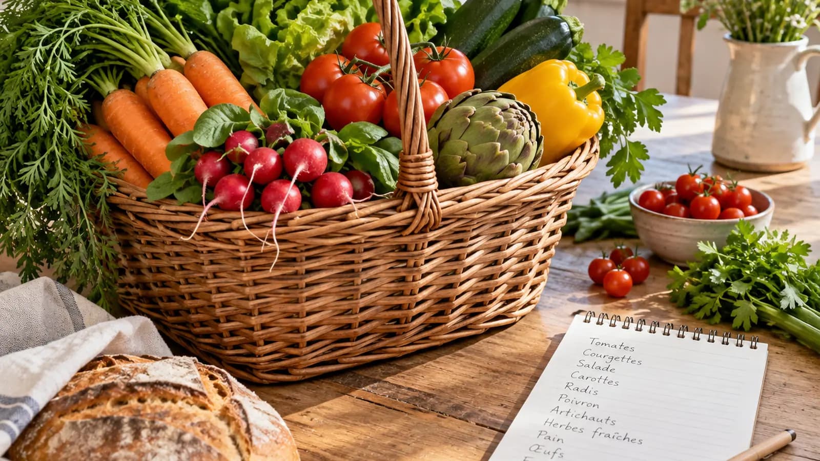 En lumière naturelle, légumes de saison, liste de courses et boîtes de restes sur une table de cuisine, sans texte lisible ni logo.