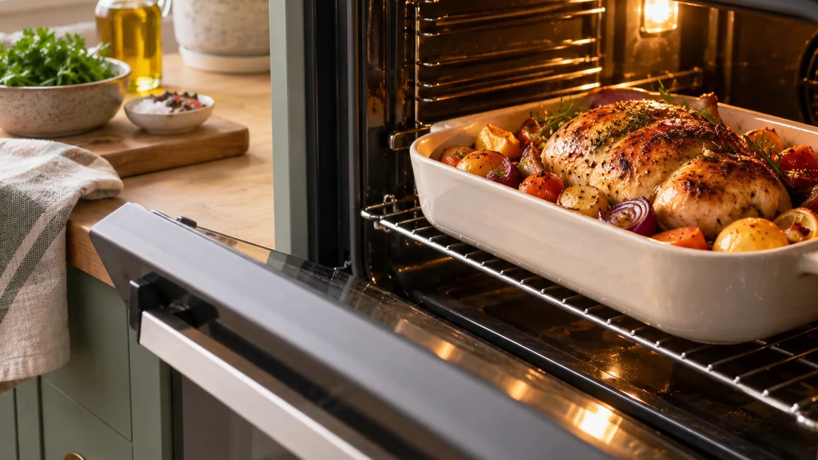 Rôti de viande tranché et filet de poisson servis avec des légumes rôtis, dans une cuisine baignée de lumière naturelle, sans texte ni logo