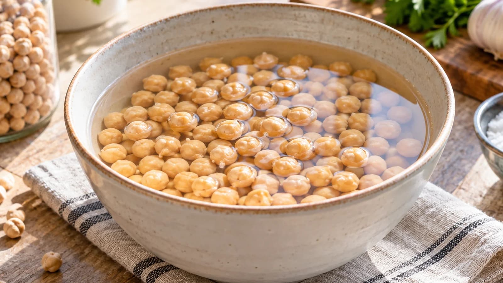 Bol de pois chiches cuits et de lentilles dans une cuisine baignée de lumière naturelle, sans texte, sans logo, sans visage en gros plan