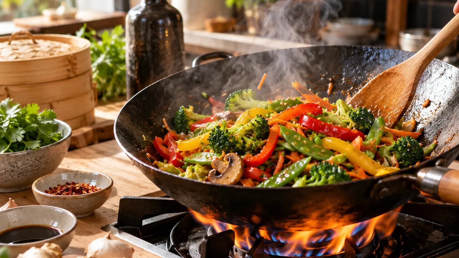 Wok de légumes colorés et tofu doré servi dans une cuisine baignée de lumière naturelle, sans texte ni logo