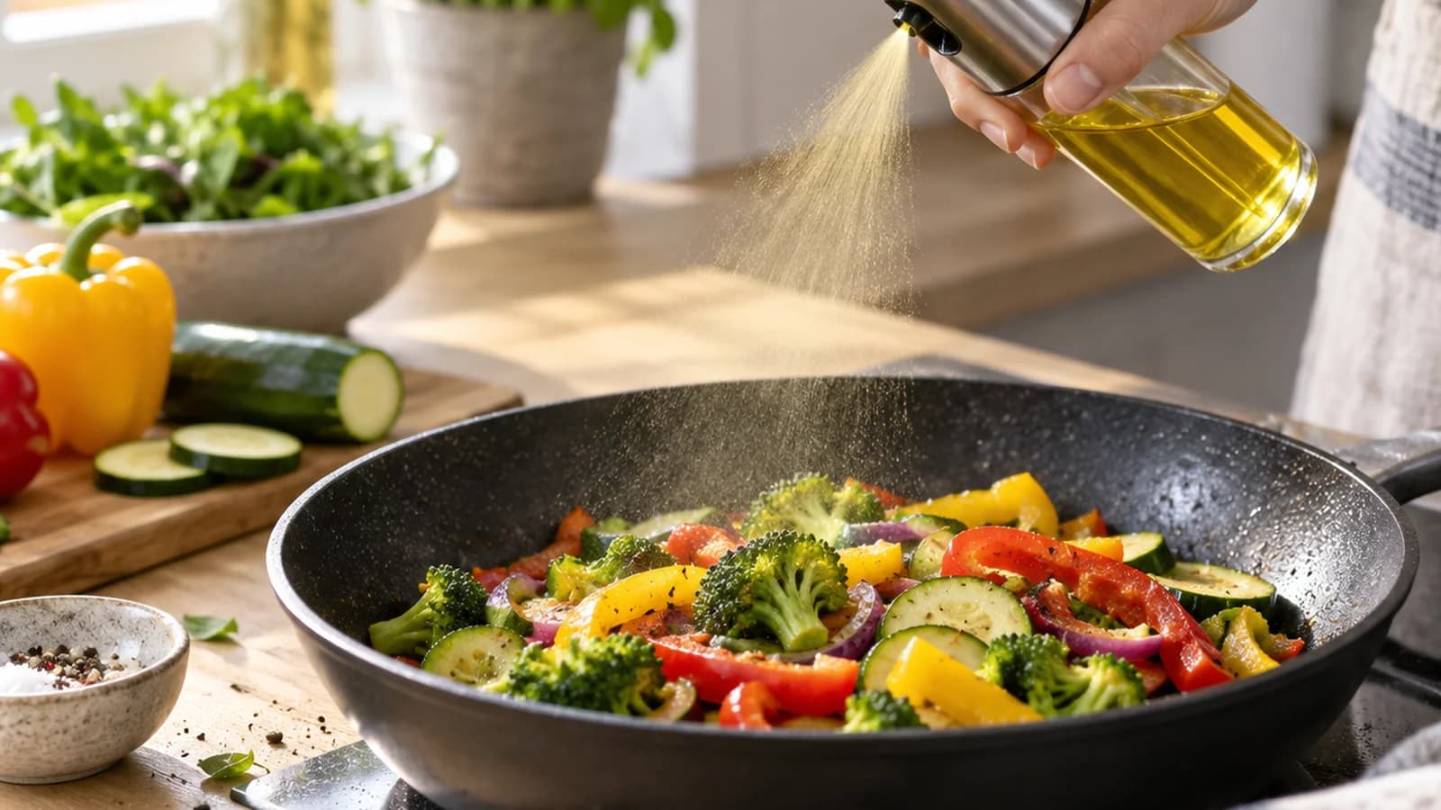 Main vaporisant une fine brume d’huile sur des légumes découpés sur une plaque, en lumière naturelle, sans texte ni logo