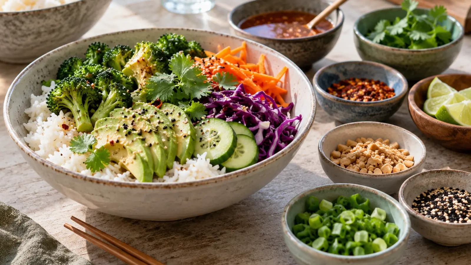 Riz, légumes rôtis et pois chiches avec sauces à part sur une table en lumière naturelle, sans texte ni logo