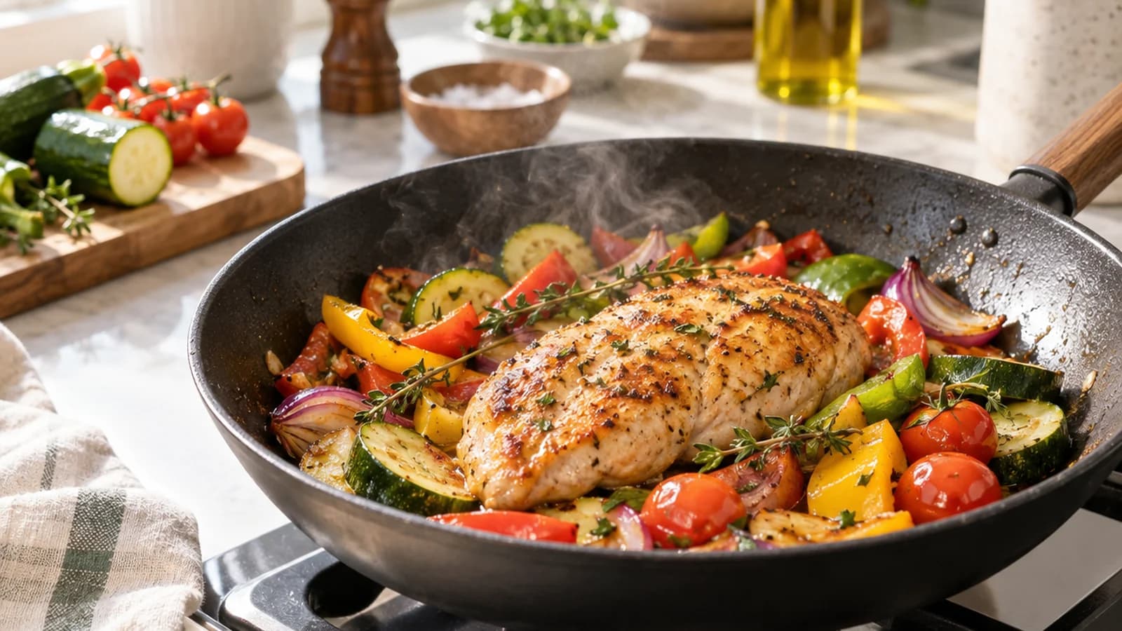Poêlée colorée de légumes et de poulet dans une poêle antiadhésive, éclairée par une lumière naturelle, sans texte ni logo