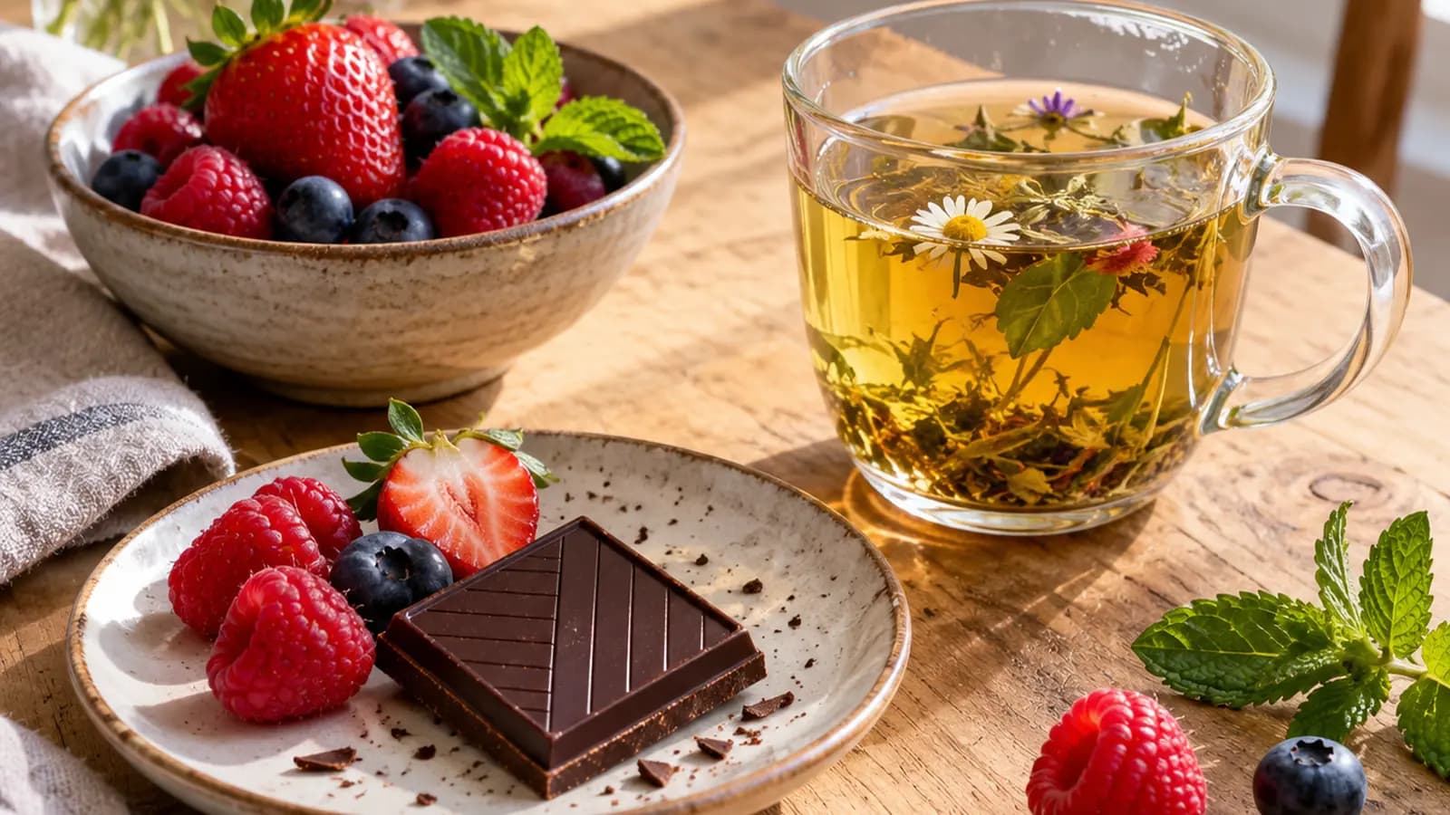 Une tartine, un yaourt, une poire et des carrés de chocolat sur une table en lumière naturelle, sans texte ni logo
