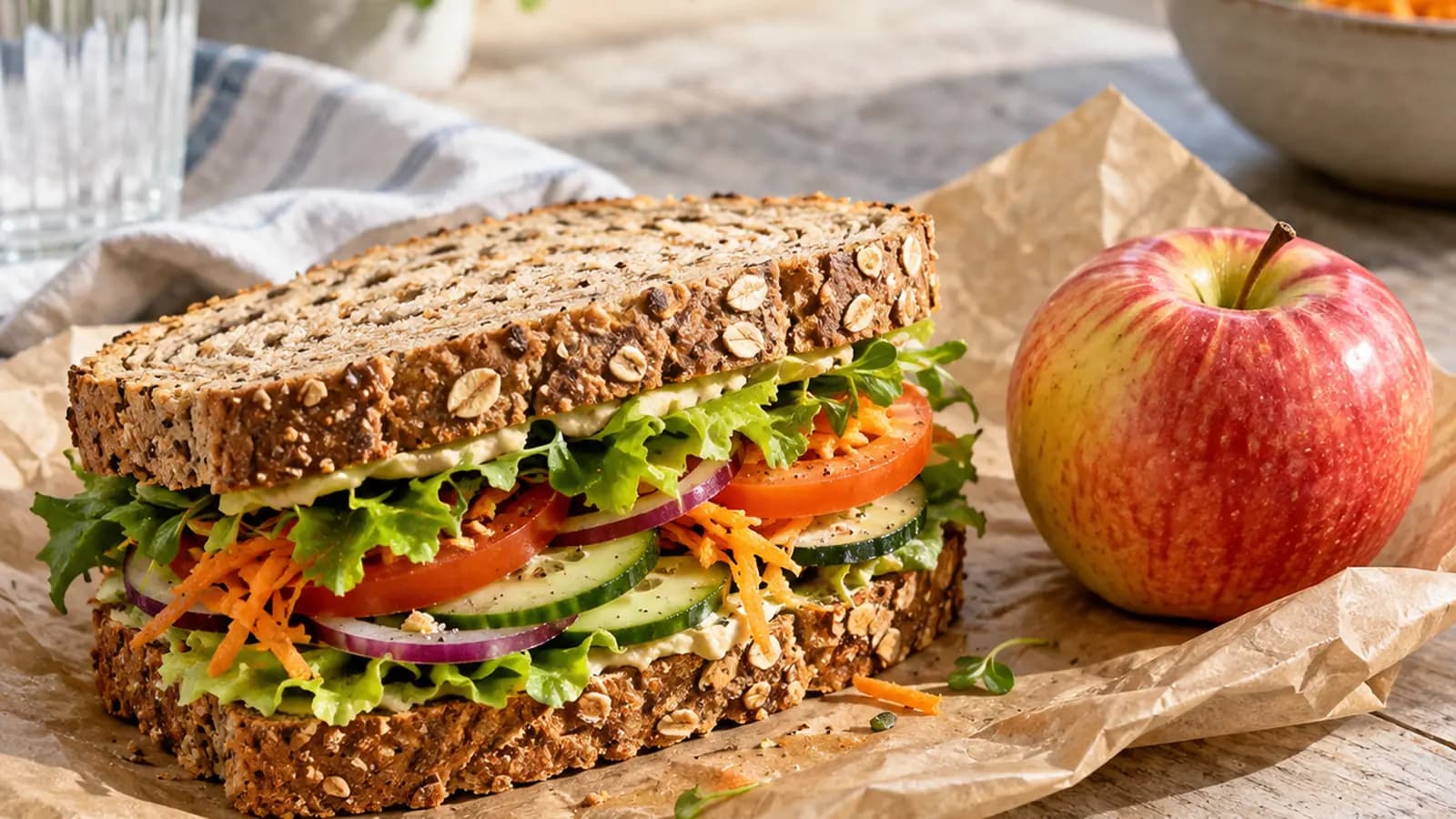 Déjeuner de boulangerie avec sandwich aux crudités, salade composée, pomme et yaourt sur une table en lumière naturelle