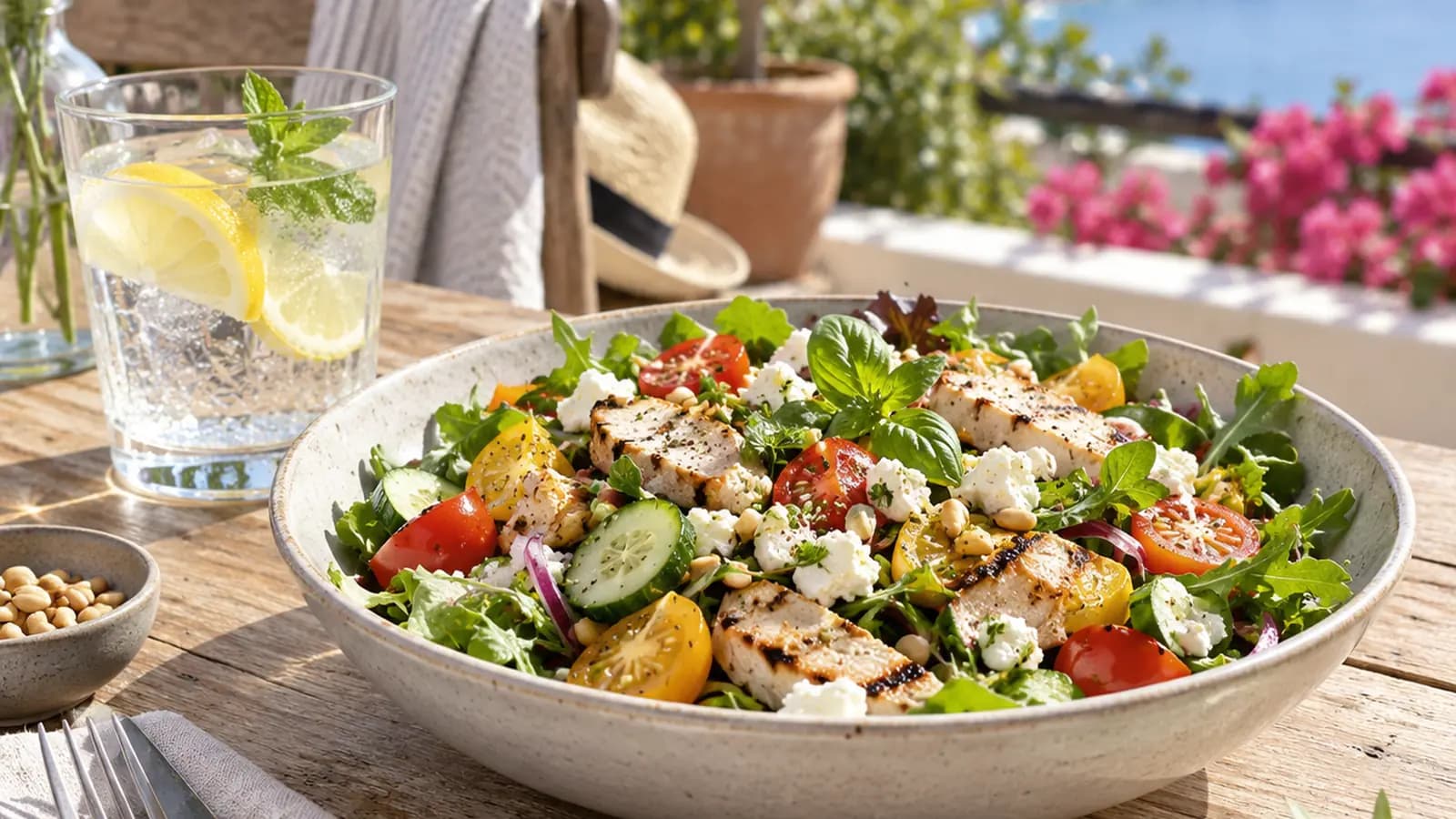 Salade estivale complète avec tomates, œuf, pain et verre de rosé sur une table de terrasse baignée de lumière naturelle, sans texte ni logo