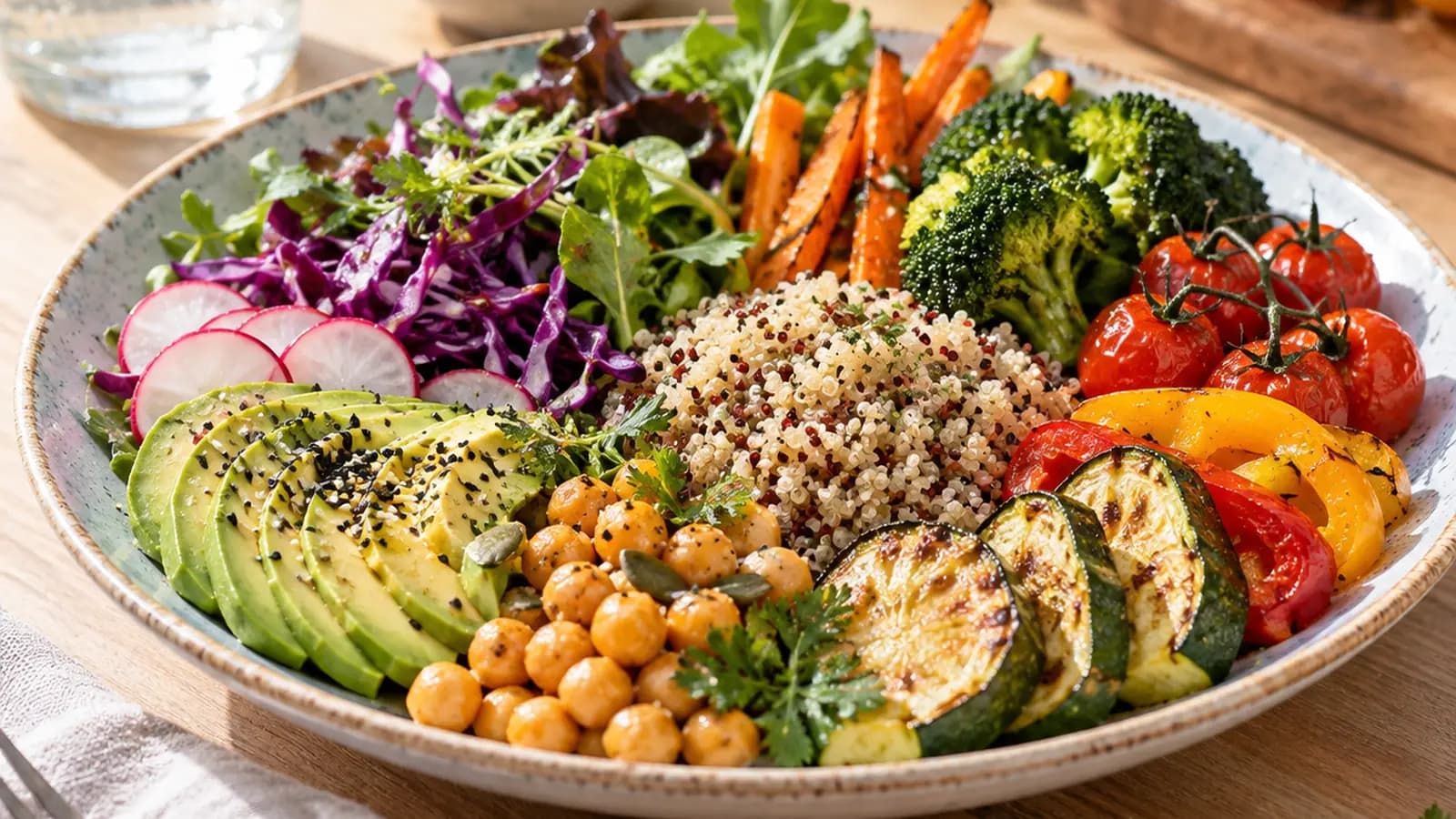 Assiette colorée de légumes rôtis, lentilles et céréales sur une table éclairée par la lumière naturelle, sans texte ni logo