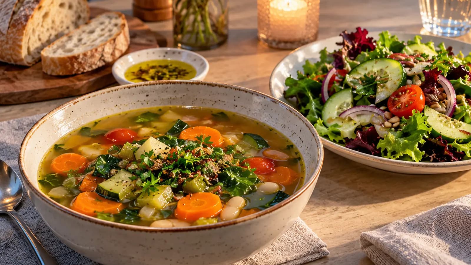 Soupe de légumes, tartine au fromage frais et œuf dur sur une table en lumière naturelle, sans texte ni logo.