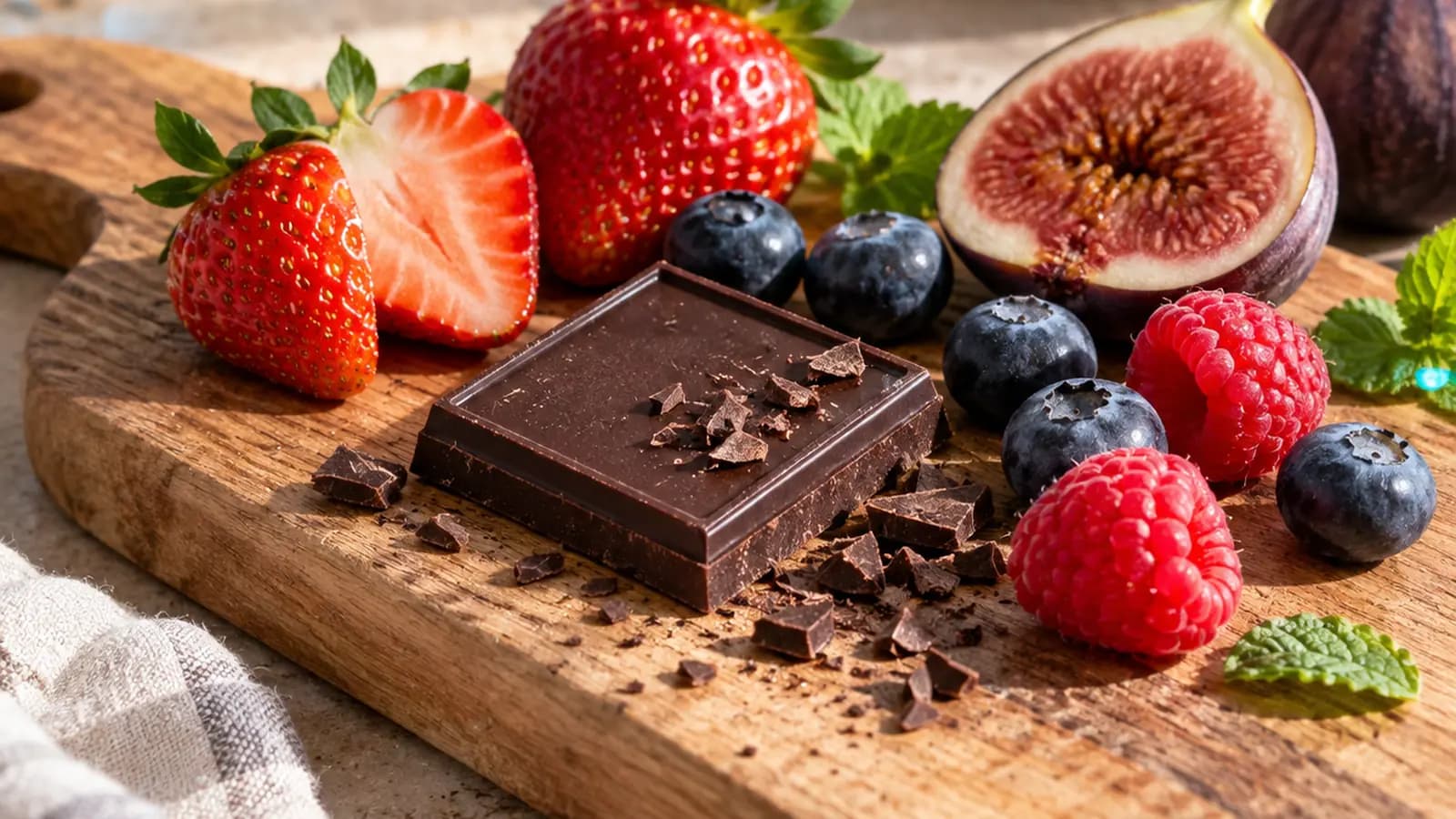 Yaourt nature, poire coupée, noix et carrés de chocolat sur une table en lumière naturelle, sans texte ni logo
