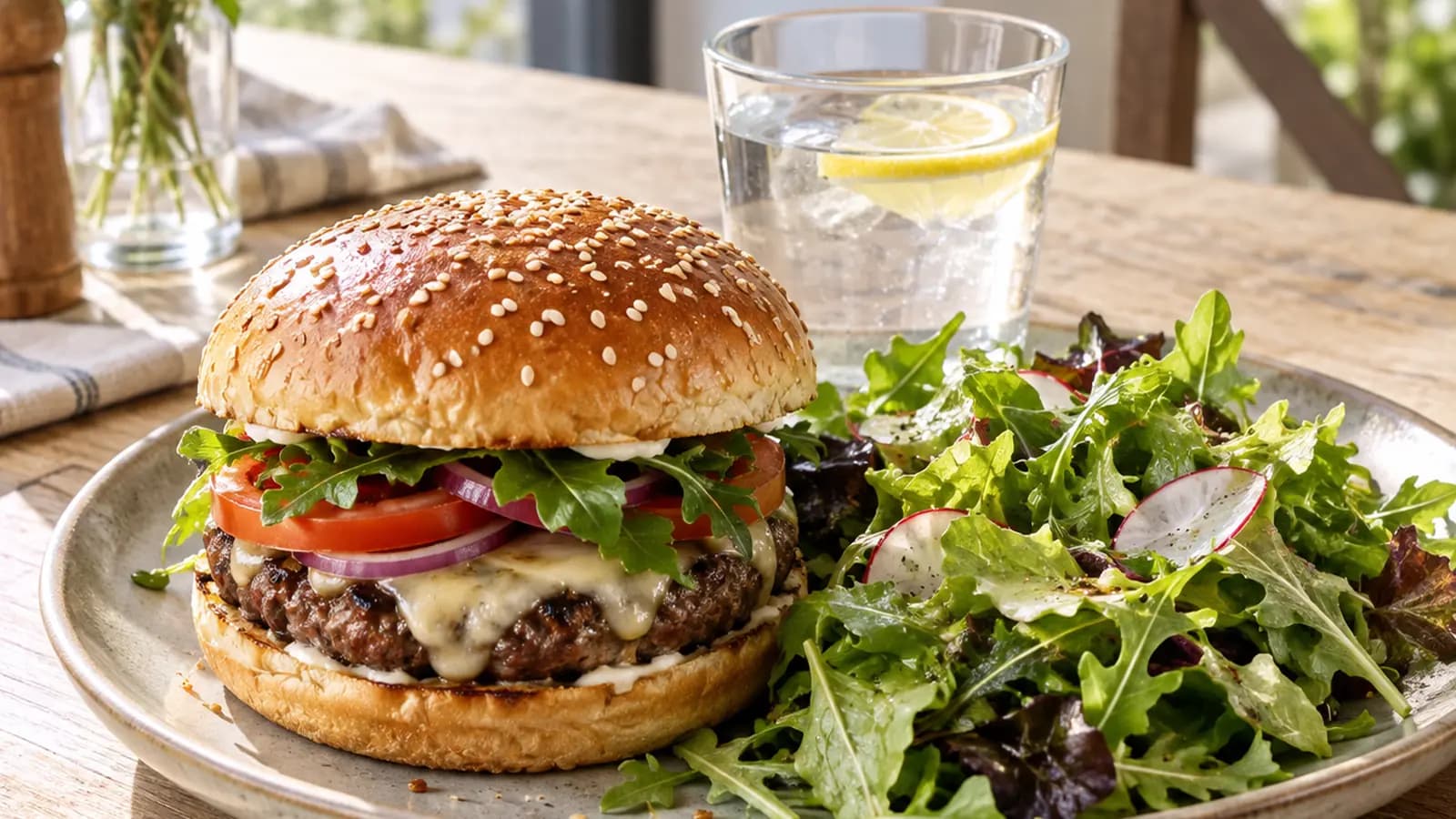 Burger, petite portion de frites, salade et verre d’eau sur une table en lumière naturelle, sans texte ni logo