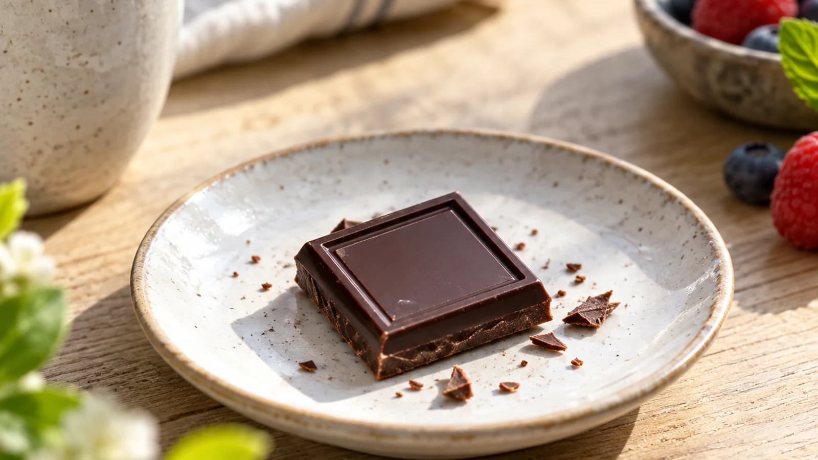 En lumière naturelle, yaourt nature aux fruits rouges et quelques carrés de chocolat sur une table, sans texte ni logo.