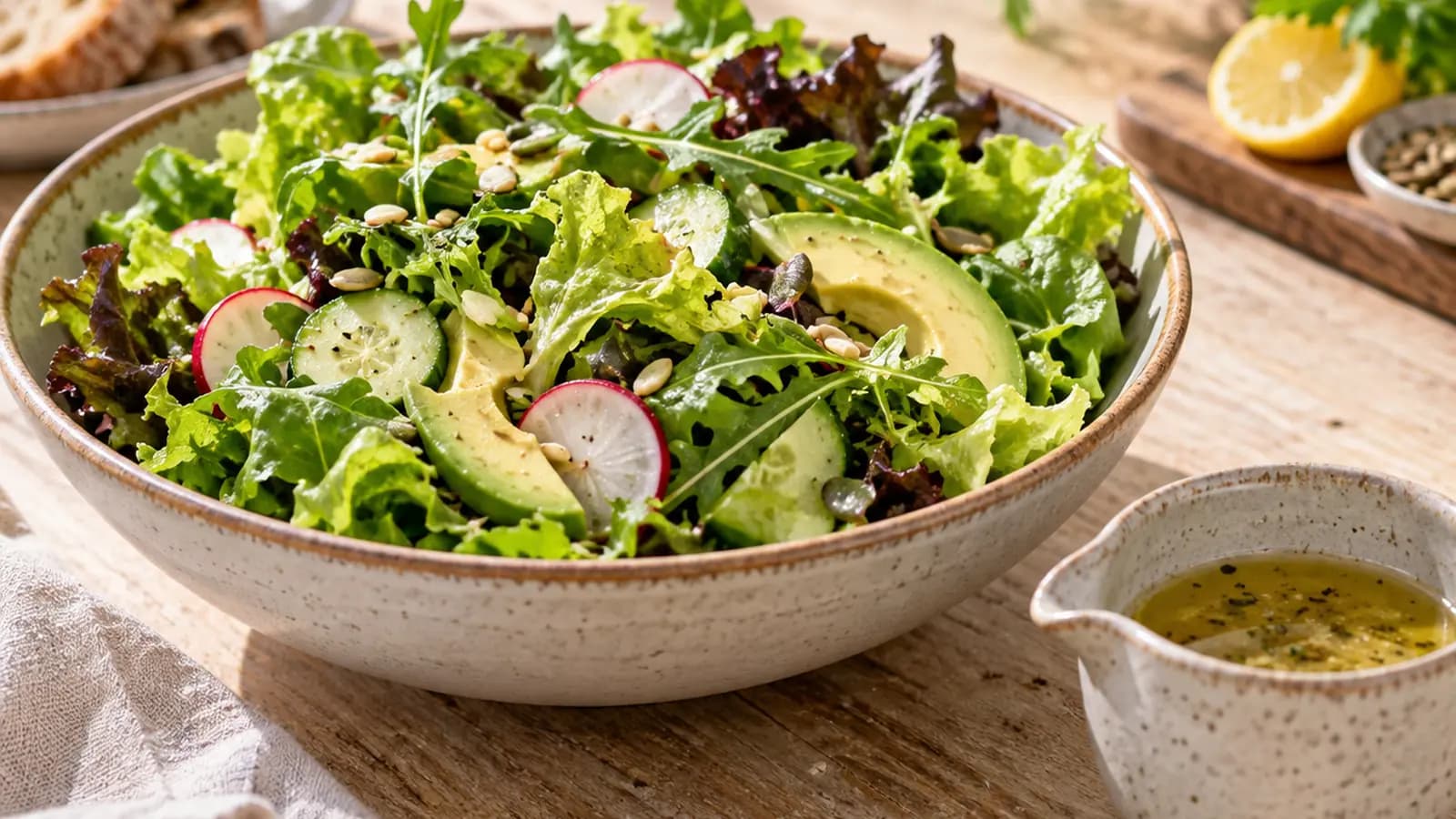 Salade de légumes et pommes de terre avec vinaigrette en petit bol, lumière naturelle, sans texte ni logo