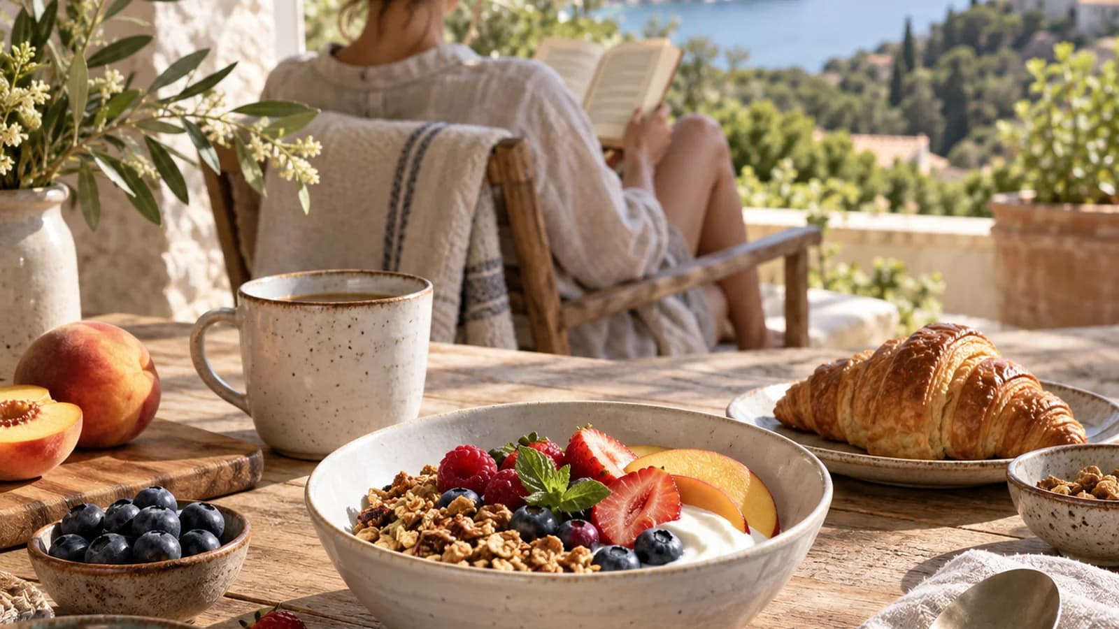 Table lumineuse avec une tasse de café, des fruits frais, un carnet et quelques fleurs, sans texte ni logo