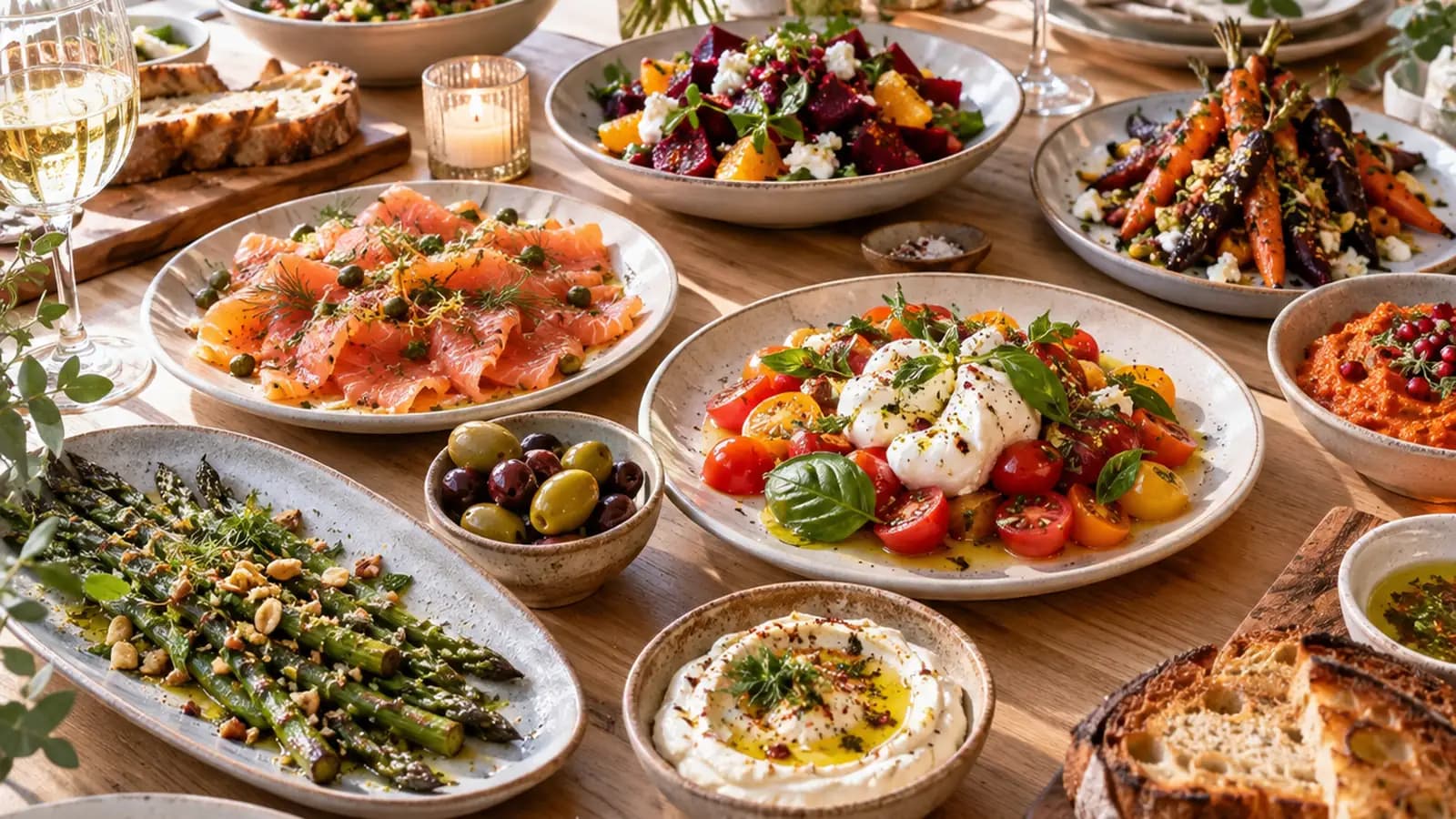 Table de fête familiale avec assiettes colorées, légumes, plat chaud et dessert, en lumière naturelle, sans texte ni logo