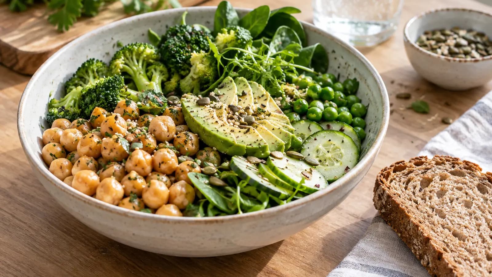 Bol de lentilles, carottes rôties et riz semi-complet sur une table en lumière naturelle, sans texte ni logo