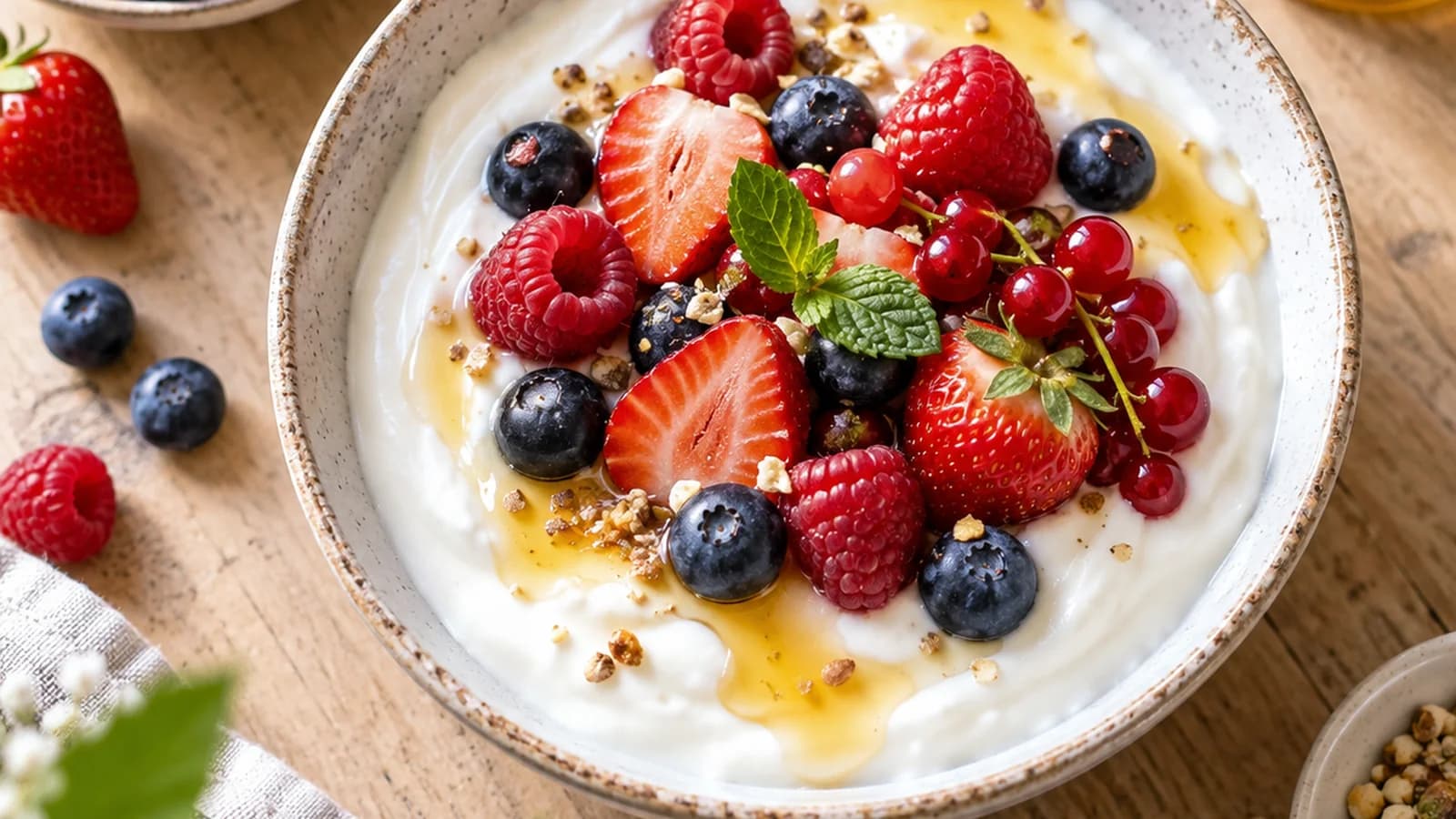 Bol de fromage blanc avec fruits rouges et flocons d’avoine, à côté d’une tartine de cottage cheese, lumière naturelle, sans texte ni logo