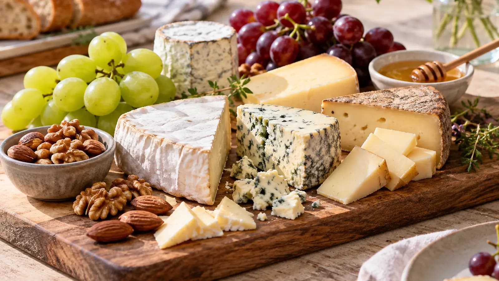 Assiette de fromages variés avec pain complet, poire et salade, photographiée à la lumière naturelle sans texte ni logo