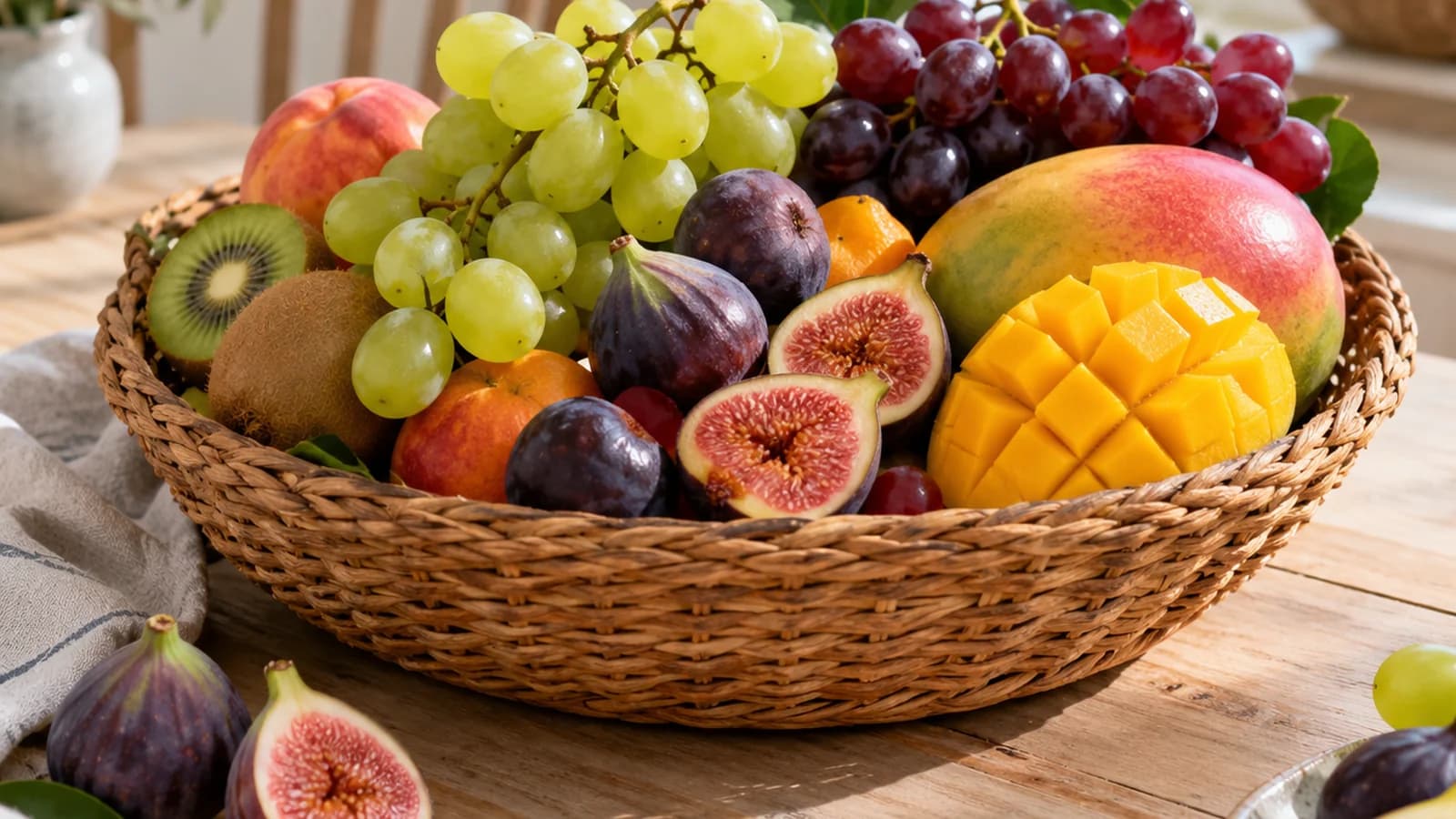 Assiette de raisin, figues et mangue coupée sur une table claire, lumière naturelle, sans texte ni logo